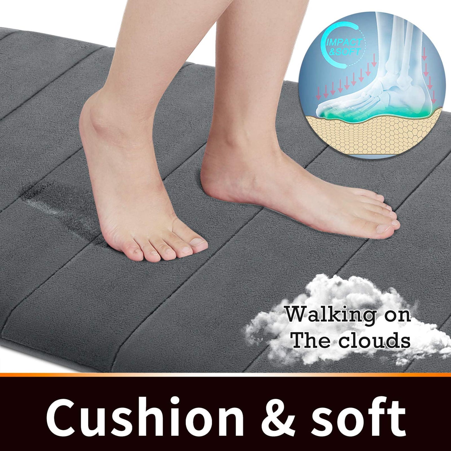 Memory Foam Bath Mat Set, Thicken, Absorbent, Non-Slip, Reboundable, 3 Pieces Extra Large Bathroom Rug 44.1"X24"+ 31.5"X19.8"+ U 24.4"X20.2" Carbon Grey