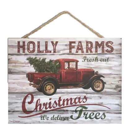 Cream White and Red Holly Farms Rectangular Sign with Rope Hanger 7" X 10"