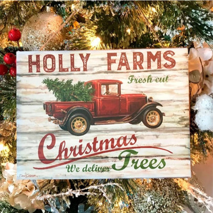 Cream White and Red Holly Farms Rectangular Sign with Rope Hanger 7" X 10"