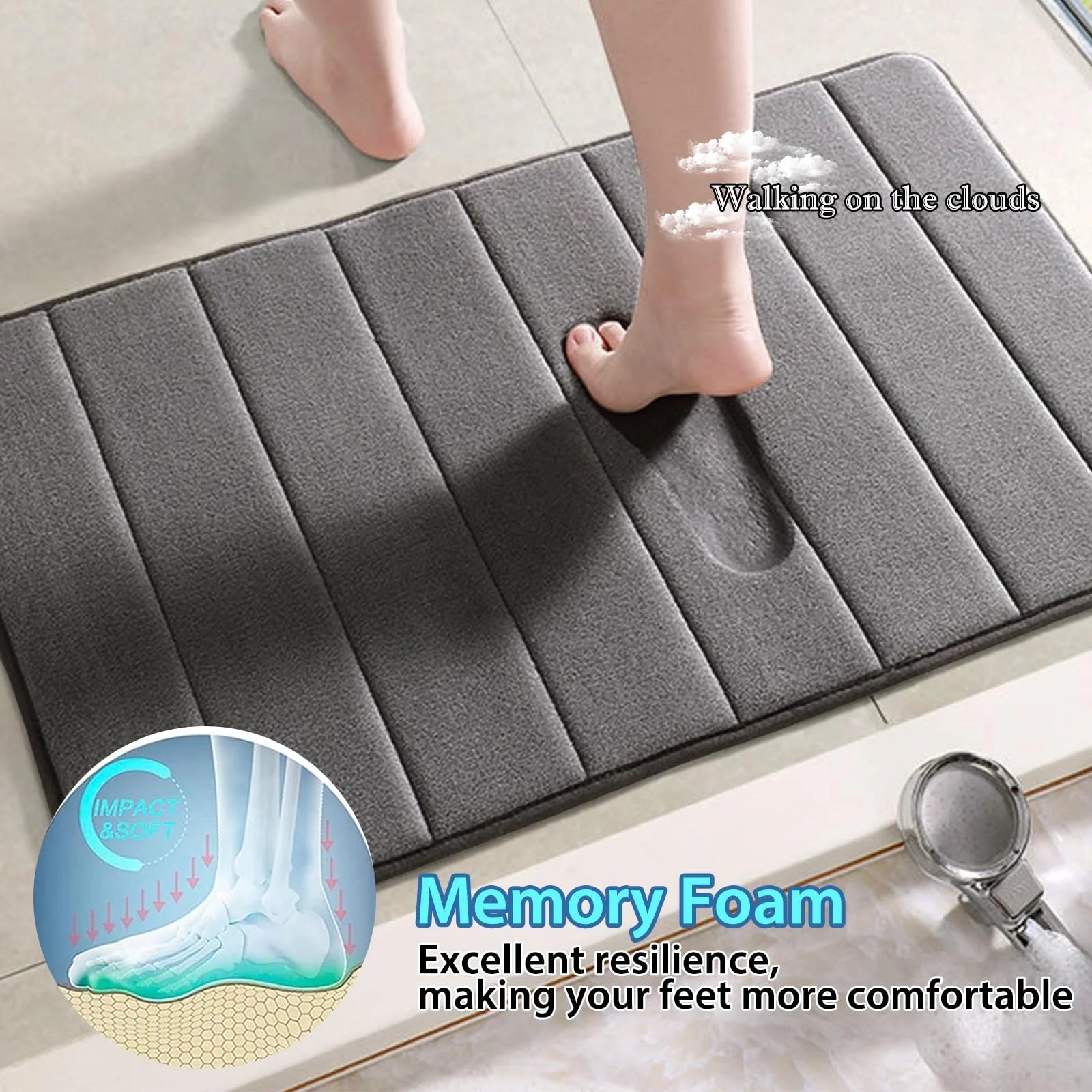 Memory Foam Bath Mat Set, Thicken, Absorbent, Non-Slip, Reboundable, 3 Pieces Extra Large Bathroom Rug 44.1"X24"+ 31.5"X19.8"+ U 24.4"X20.2" Carbon Grey