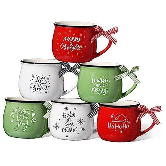 Christmas Coffee Mugs Set of 6, 12 Oz Ceramic Mug Gift Holiday Classic Style